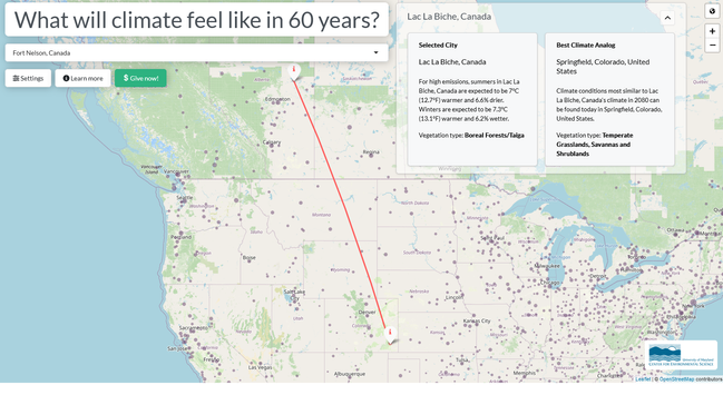 screenshot of app in action. A map and an arrow pointing from one place to another.