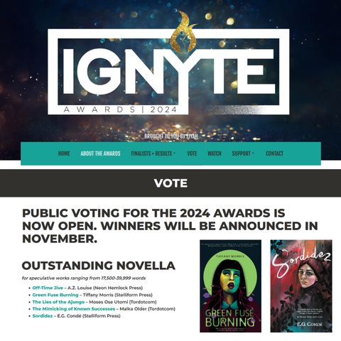 Screenshot from the IGNYTE Awards webpage, showing the novella category with the Stelliform press novella covers.