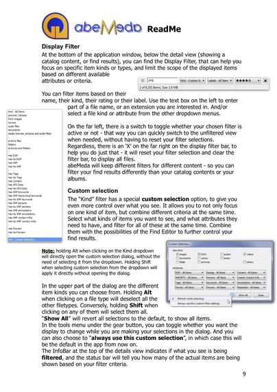 excerpt from the abeMeda documentation, describing the display filter and the new custom selecction