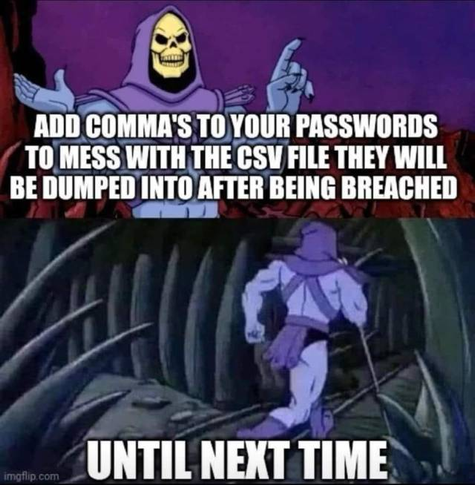 Skeletor says: ADD COMMA'S [sic] TO YOUR PASSWORDS TO MESS WITH THE CSV FILE THEY WILL BE DUMPED INTO AFTER BEING BREACHED

Second image is Skeletor running off, with the bottom text "UNTIL NEXT TIME"