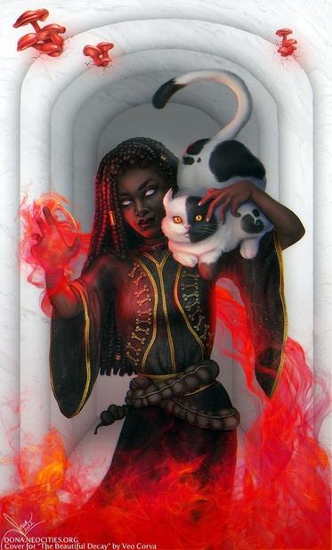 Book cover for The Beautiful Decay by Veo Corva. Necromancer Usther is casting a bright red spell.