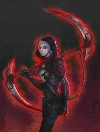 Necromancer Raef surrounded by red flames