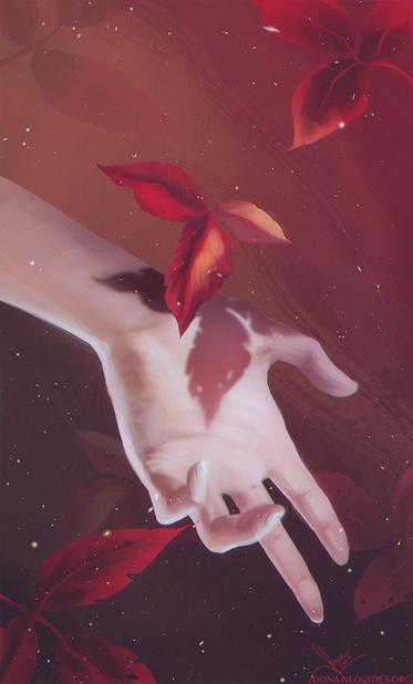 Study of a hand and falling red leaves