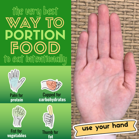 Image highlights healthy portions measured by hand size. It includes guides for using the palm for protein, a cupped hand for carbohydrates, a fist for vegetables, and a thumb for fat, promoting healthy eating habits and better nutrition. This method simplifies measuring food by hand and shows how to eyeball a cup. The bottom of the image invites readers to learn more by visiting BalancedHealthstyles.com.