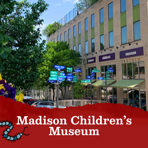 Text that reads Madison Children’s Museum, next to a blue caterpillar illustration. The text is layered on an image of the outdoor view of a building with plants growing on the roof.
