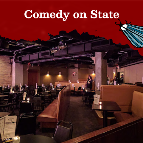 Text that reads Comedy on State, next to a striped blue moth illustration. The text is layered on an image of an indoor seating area with tables, chairs, and couches. The room is lit by candlelight.