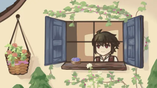 Vampire Yuu smiling and looking out a window of a pale yellow house surrounded by plants. He has a purple succulent on his windowsill
