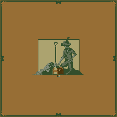 Image of a pirate who's back hurt after digging out a small treasure chest. Pirate's right hand is stretched out forward left hand is on his back, treasure chest at the center and a shovel behind it stuck in mounds of dirt.