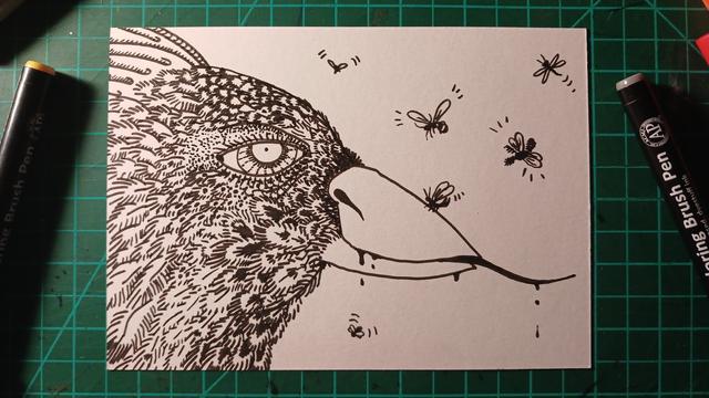 A black pen drawing of a birds face in profile. It has a human eye with a pinned pupil, and a long, thin tongue. Something dark is dripping from its beak and it's surrounded by little flying insects.
