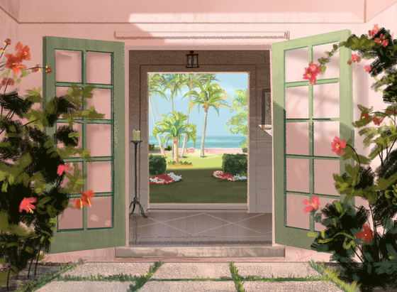 Colorful drawing looking thru open french doors, thru a cool, travertine floored hall way, thru another set of open french doors to a tropical landscape & view of the ocean.