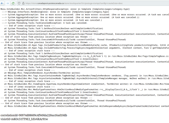 An error page from the Canada Post website, showing a stack trace through their failing web application.

These sorts of outputs are used by developers debugging problems with the application, and are not intended to be enabled in a production environment.