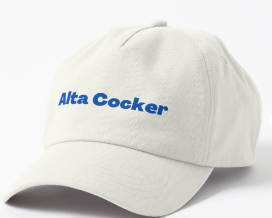 Yiddish Alta Cocker is shown in blue lettering on a baseball cap.