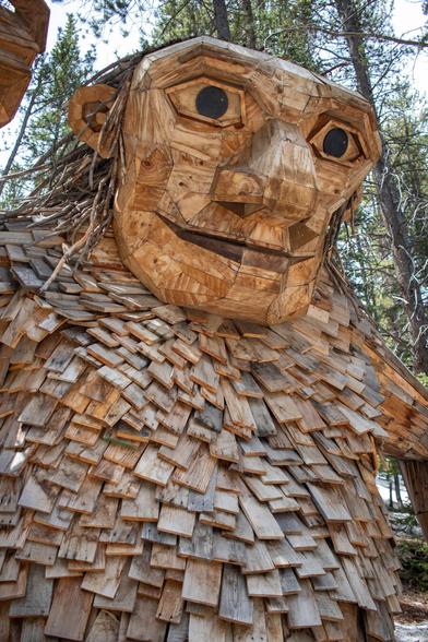 A close-up of the Isak Heartstone wooden troll art installation in Breckenridge, Colo.