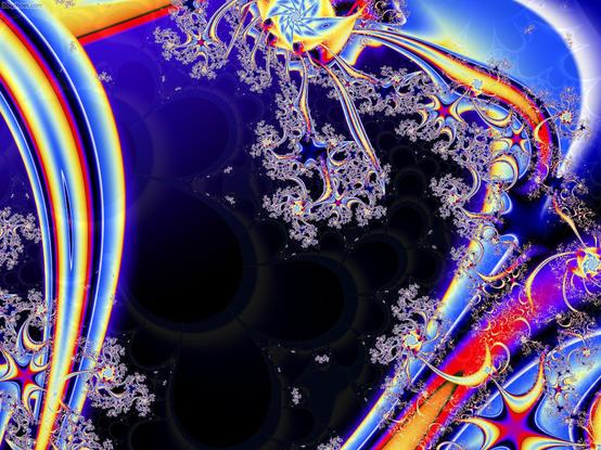 Organic fractal shapes with stripes of blue, white, red, yellow and black
