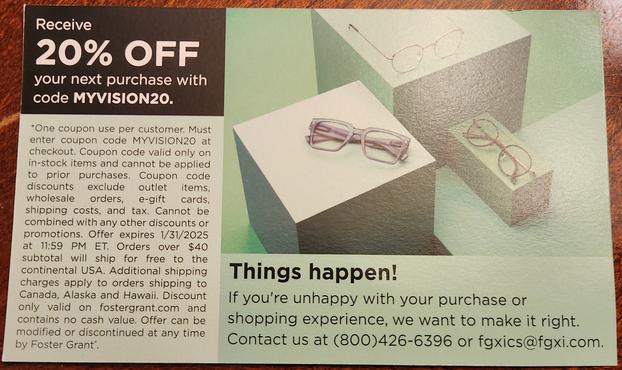 Post card from Foster Grant advertising a 20% discount when using the discount code MYVISION20