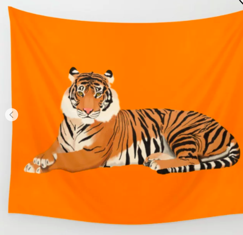 Our tiger mascot is shown solo with an orange background on a tapestry/banner.