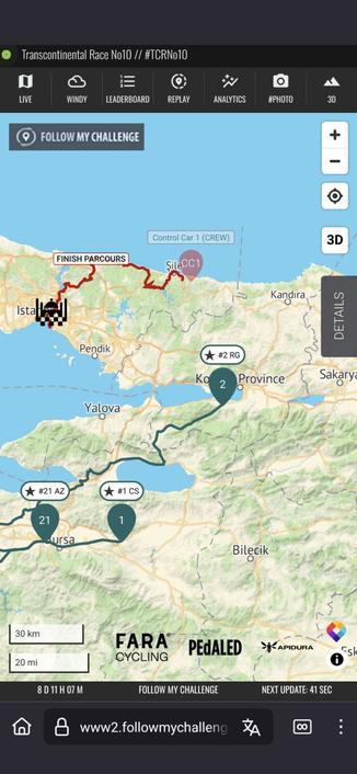 Screenshot tcr-Map. die drei erst Platzierten im Rennen zum Finisher-Parcours mit ihren jeweils zurückgelegten Routen.