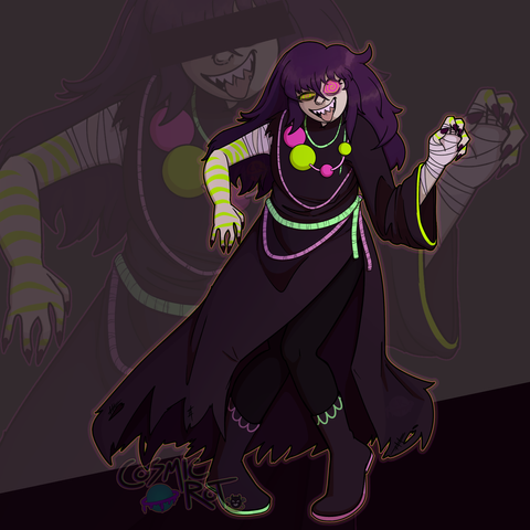 A drawing of a slightly inhuman person with long dark hair, sharp teeth looking unhinged and sticking their tongue out. They have one pink and one green eye with swirls of the opposite color instead of irises & pupils. They're wearing a beaten up robe with the right sleeve torn off, bandages on their upper right arm and left hand, and a necklace with varying sized spheres on it. There is a faded and zoomed in version of the drawing with the eyes crossed out in the background.