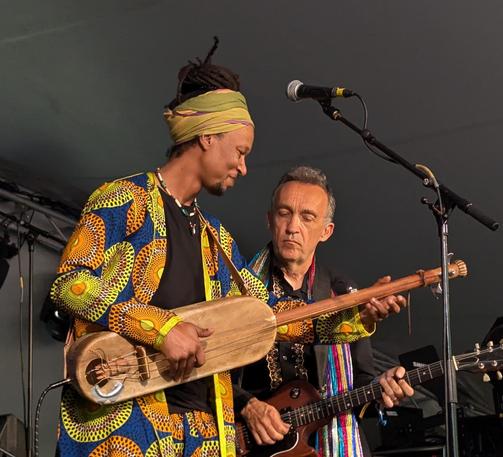 Photo of Justin Adams and Mohamed Errabbaa of Morocco playing onstage at WOMAD music festival