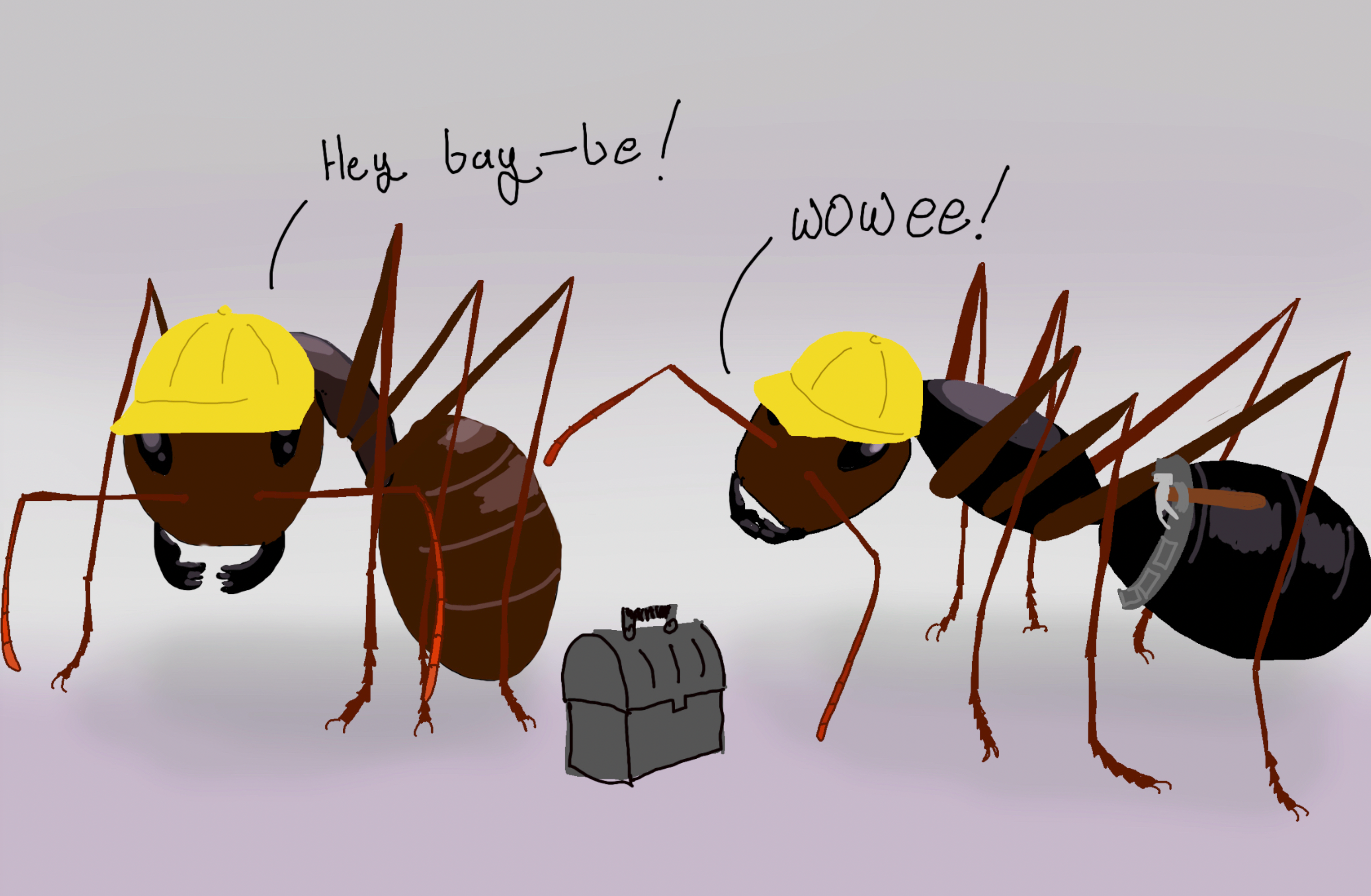 Color drawing of realistic carpenter ants with little hard hats and tools. One says "hey bay-be" the other says "wow we"