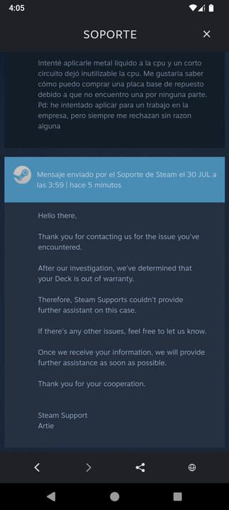 A screenshow where i'm asking for a replacment mainboard for my steam deck because i need to buy one, but they refuses to sell a such spare part
