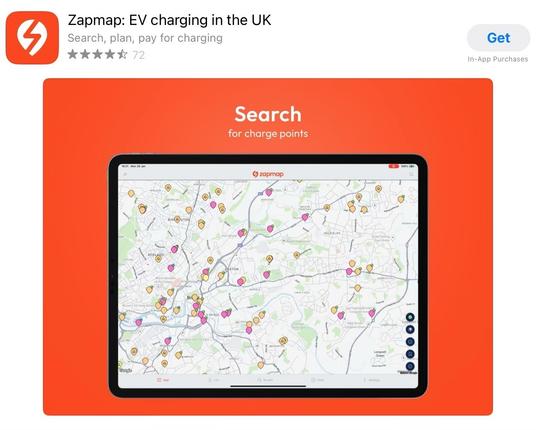 iPadOS App Store image for Zapmap, an EV charging app in the UK, showing a map with charge points on a tablet screen.
