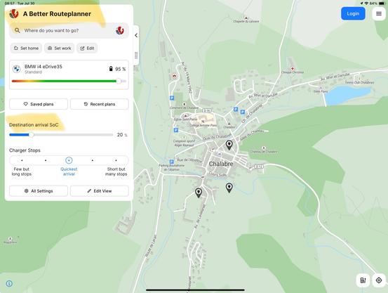 Map view in "A Better Routeplanner" app for iPadOS showing driving settings for a BMW i4 eDrive35 with a destination set in Chalabre, France. Features include state of charge (SoC) slider, charger stops, and map details of the village.