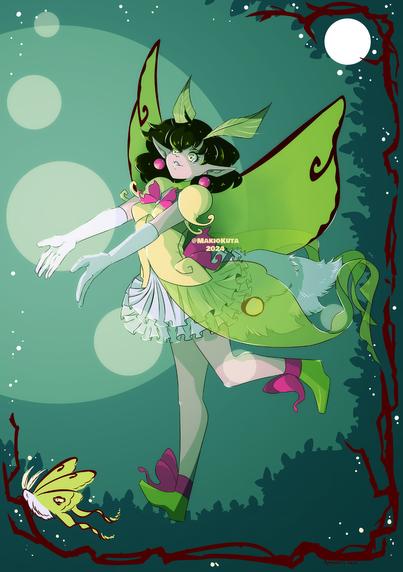 A fullbody digital illustration of my luna moth magical girl. She has short dark green hair, light skin, bright yellow-eyes and a pair of green luna moth wings. She's wearing a yellow dress with puffy sleeves and a giant, pink butterfly shaped bow. Matching her bow are two large pink earrings and ribbons on her back and shoes. She is holding her arms out in front of her to hold circles of light that act as a light source from that direction. The background is a simple, cut out of circles and leaves with a frame made of branches with the moon at the top and a luna moth at the bottom.