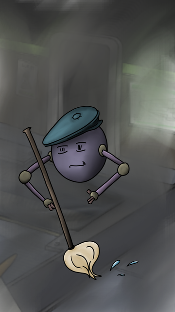 A hovering, ball-shaped robot wearing a flat cap. He holds a mop for cleaning the floor in his two purple metallic arms.