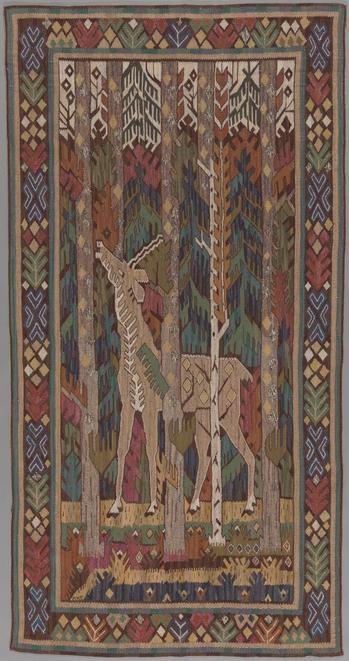 tapestry, picture weaving in long vertical format, depiction of a deer weaving its way through tall trees in a forest, with ornamental border