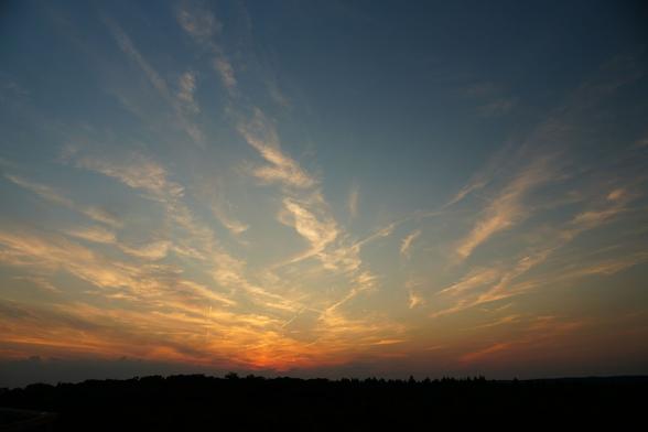 Sonnenuntergang über dem Schattenriss des Waldes. Der Himmel verläuft von blau über orange nach rot und ist durchzogen von Wolkenbändern und vereinzelt Kondensstreifen