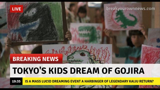 A film scene of Japanese school children holding up their crayon drawings of the legendary outline of "Godzilla".