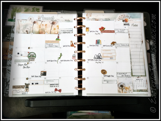 Photo of a discbound planner open to an August monthly spread. The spread is filled with stickers for holidays, some decoration, and a notes section.
