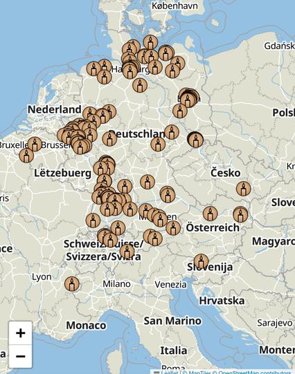 Der Screenshot von der Critical Maps Webseite zeigt eine Kart mit Deutschland und angrenzenden Ländern.

Auf der Karte sind viele Kerzensymbole. Jede Kerze steht für einen Radfahrer der sich in der Critical Maps App eingeloggt hat, um seine Anteilnahme zu zeigen.