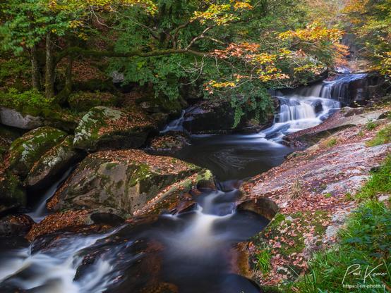 Photo en couleur en pose longue, afin de figer le filé de l'eau d'une rivière serpentant entre de gros rochers avec de multiples ressauts dans une diagonale du coin supérieur droit au coin inférieur gauche. De nombreuses feuilles reposent sur les rochers et sur le sol, nous sommes en automne.