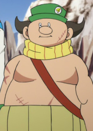 Anime screenshot of a light skinned male with no shirt and assorted scars on his chest / lower belly. He is stocky and has a brown sash across his body. He is wearing a green hat with a small, yellow symbol in a circle on it. Two large black spikes of hair appear to be coming out from under the hat on either side. His nose is large and round.