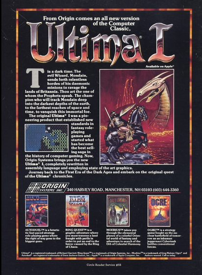 From Origin comes an all new version of the Computer Classic." A full page ad for Ultima I with fantasy artwork of a dragon menacing a knight from a lake of lava along with gameplay screenie and other Oriign products.