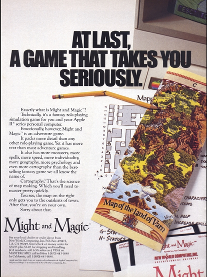 "At last, a game that takes you seriously." A full-page ad with various maps and M&M floppy discs arranged.