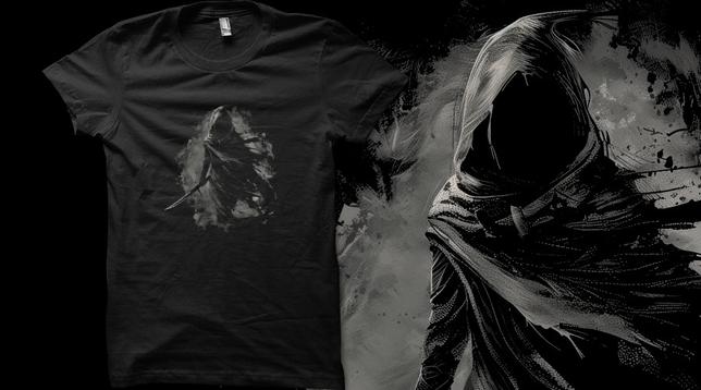 mockup graphic of a t-shirt picturing the Elden Ring summon Black Knife Tiche