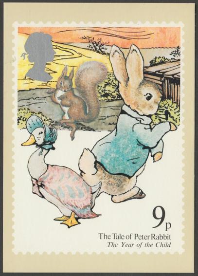 Printed colour postcard showing the 9p The Tale of Peter Rabbit stamp issued on 18 July 1979 as part of the Royal Mail Year of the Child set, and showing a scene from the tale. From a stamp design by Edward Hughes ARCA FSIAD.
Post Office Picture Card Series, No PHQ 37(a) 5/79, 1979.
Postally unused.
Very good condition, with very slight corner bumps.