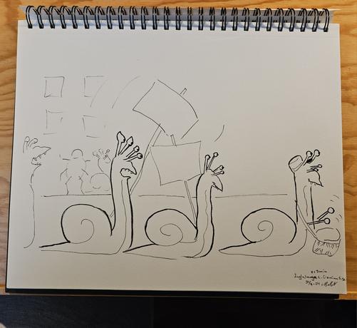 Black and white sketch of snails marching in a protest. One is beating a drum and two are holding empty plaquards.