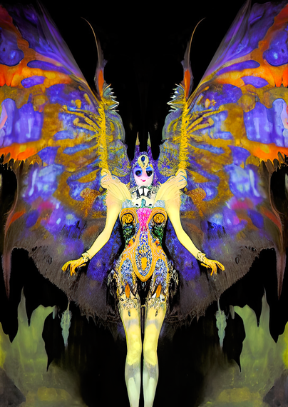 a semi-abstracted Klimt-influenced portrait of a colorfully membrane-winged humanoid individual, possibly in a cave setting