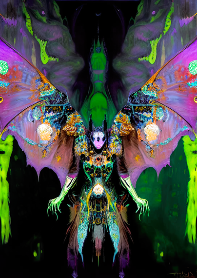 a semi-abstracted Klimt-influenced portrait of a humanoid individual with purple/magenta bat wings in an underground setting with green phosphorescence