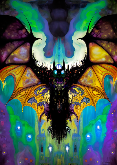 a semi-abstracted semi-psychedelic Klimt-influenced illustration of a mostly symmetrical chiropteran individual in flight
