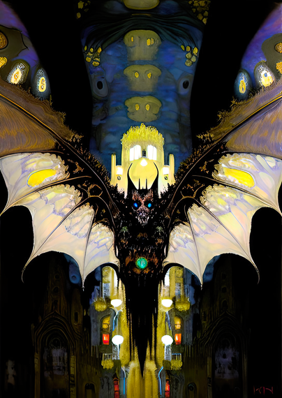 a Klimt-influenced portrait of a chiropteran in flight, symmetrically posed, inside what looks to be a stained-glass-illuminated cathedral, somewhat abstracted