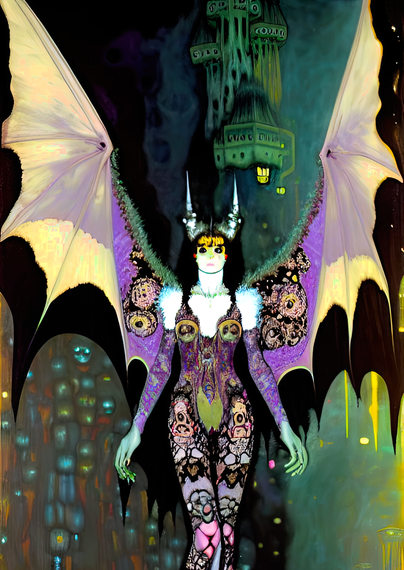 a Klimt-influenced portrait of a humanoid individual with bat wings and psychedelic form-fitting costuming against a semi-abstracted background including a towering construction of some kind