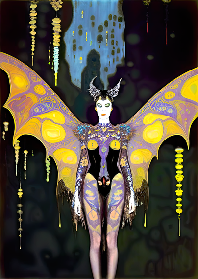 a semi-abstracted Klimt-influenced portrait of a horned and psychedelically bat-winged humanoid individual in a cavernous setting