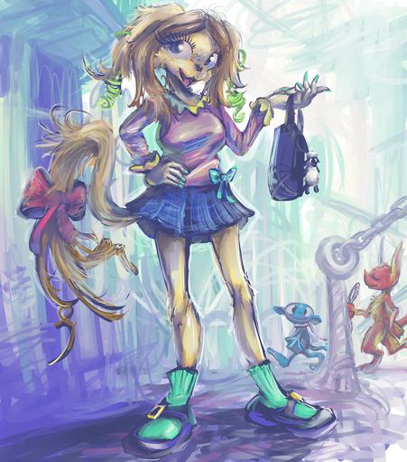 humanoid dog person wearing a pink sweater, impractically short blue skirt and old fashioned shoes with green socks stands in a vague place while an annoying creature called nemitz walks in the background led by an annoying blue dope