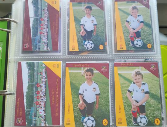 Two sets of kids soccer card in a red & yellow theme. Top 3 cards are from first draft and are small in size. The bottom 3 are regular-card sized, with larger fonts & images. 

In order, left to right: Greater Sudbury Impact U6/U7 Summer 2022 Team card, Logan Gray-Chu, Peter Dufoe.
