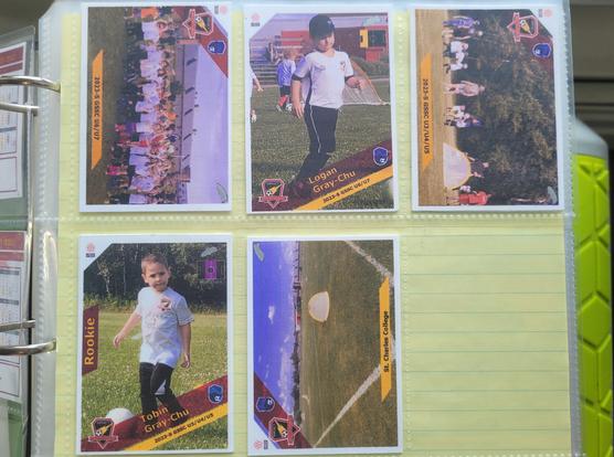 Five 2023 kid's soccer cards, printed on 2-pieces cardstock, sprayed, cut & glued. Red & Yellow colour scheme is more muted, allowing more room for the images.

Top row from left: 2023-S Greater Sudbury Impact U6/U7 Team, Logan Gray-Chu, 2023-S Greater Sudbury Impact U3/U4/U5 Team

Bottom row from left: Tobin Gray-Chu, St Charles College (Field)